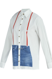 White Casual Print Patchwork Turndown Collar Tops