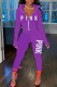 Purple Casual Letter Print Patchwork Hooded Collar Long Sleeve Two Pieces