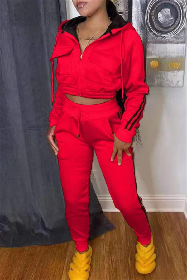 Red Casual Striped Patchwork Hooded Collar Long Sleeve Two Pieces