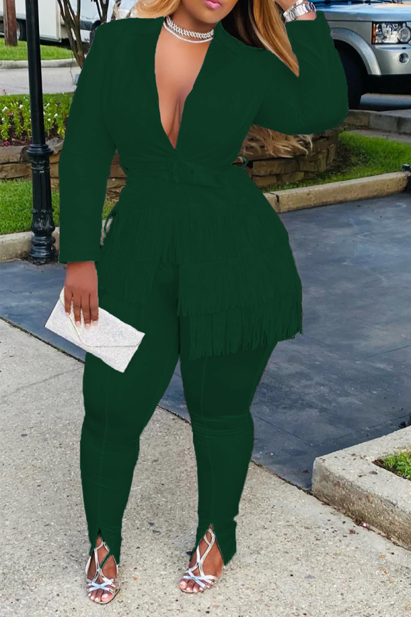 Ink Green Street Solid Tassel Turndown Collar Long Sleeve Two Pieces