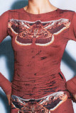 Red Casual Print Patchwork O Neck Long Sleeve Two Pieces