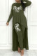 Army Green Casual Letter Print Asymmetrical O Neck Long Sleeve Two Pieces