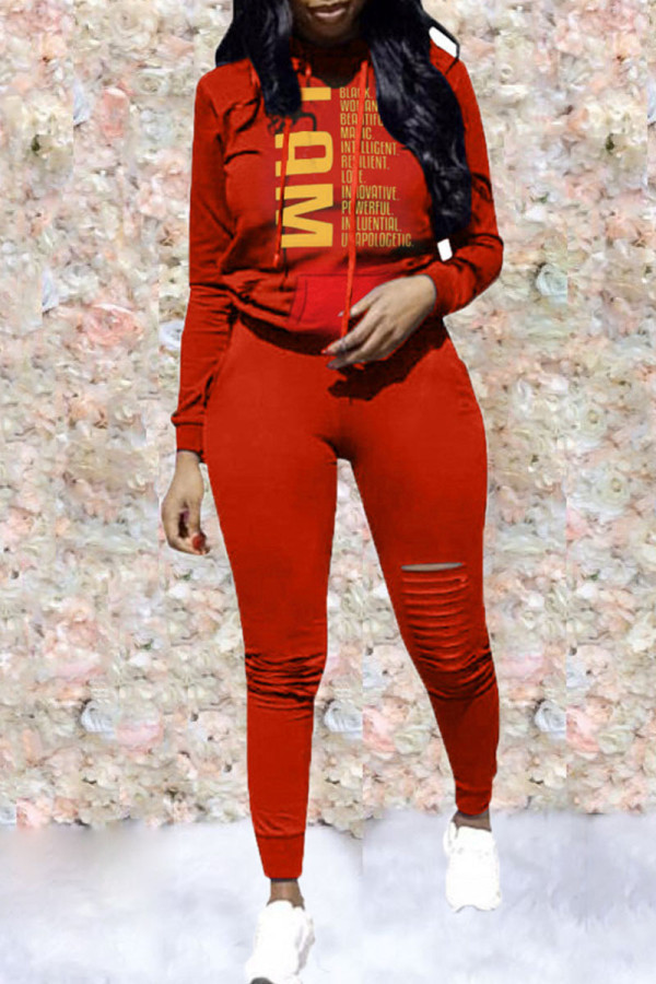 Red Casual Print Hollowed Out Patchwork O Neck Long Sleeve Two Pieces
