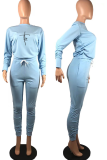 Light Blue Casual Print Fold O Neck Long Sleeve Two Pieces