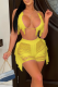 Yellow Sexy Solid Tassel Patchwork Halter Sleeveless Two Pieces