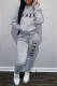 Grey Casual Print Letter Hooded Collar Long Sleeve Two Pieces