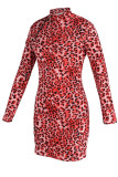 Leopard Print Sexy Print Patchwork Zipper Half A Turtleneck Long Sleeve Dresses