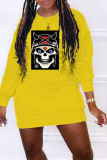 Yellow White Casual Print Skull Patchwork O Neck Pencil Skirt Dresses