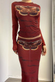 Red Casual Print Patchwork O Neck Long Sleeve Two Pieces