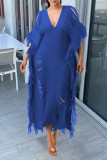Blue Sexy Solid Tassel Hollowed Out Patchwork V Neck Beach Dress Dresses