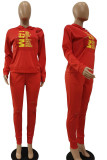 Red Casual Print Hollowed Out Patchwork O Neck Long Sleeve Two Pieces