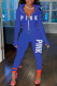 Blue Casual Letter Print Patchwork Hooded Collar Long Sleeve Two Pieces