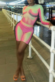 Pink Sexy Street Print Patchwork O Neck Long Sleeve Two Pieces