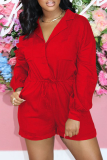 Red Casual Solid Patchwork V Neck Regular Rompers