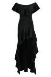 Pink Elegant Solid Patchwork Flounce Asymmetrical V Neck Evening Dress Dresses