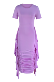 Purple Fashion Solid Flounce Fold O Neck Pencil Skirt Dresses