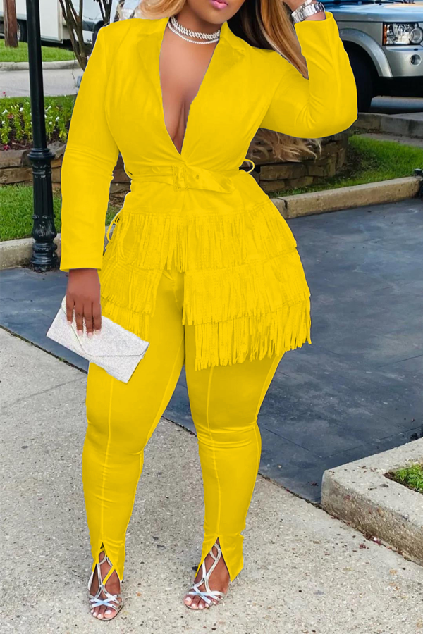 Yellow Street Solid Tassel Turndown Collar Long Sleeve Two Pieces