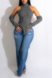 Grey Sexy Solid Patchwork Asymmetrical Turtleneck Tops(With Sleeves)