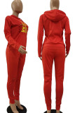 Red Casual Print Hollowed Out Patchwork O Neck Long Sleeve Two Pieces