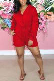 Red Casual Solid Patchwork V Neck Regular Rompers
