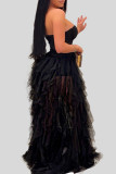 Black Sexy Solid Patchwork See-through Strapless Sleeveless Two Pieces