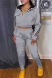 Red Casual Striped Patchwork Hooded Collar Long Sleeve Two Pieces
