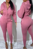 Pink Casual Sportswear Solid Patchwork Zipper Hooded Collar Long Sleeve Two Pieces