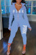 Sky Blue Casual Letter Print Patchwork Hooded Collar Long Sleeve Two Pieces