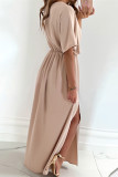 Apricot Casual Solid Patchwork Slit V Neck Long Dress Dresses