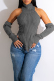 Blue Sexy Solid Patchwork Asymmetrical Turtleneck Tops(With Sleeves)