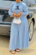 Light Blue Elegant Print Letter O Neck Waist Skirt Dresses