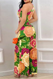 Multicolor Casual Print Hollowed Out Backless Oblique Collar Regular Jumpsuits