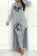 Grey Casual Letter Print Asymmetrical O Neck Long Sleeve Two Pieces