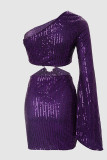 Purple Sexy Patchwork Hollowed Out Sequins Backless Oblique Collar Long Sleeve Dresses