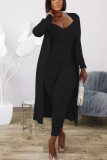 Black Fashion Solid pencil Long Sleeve Two Pieces