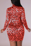 Leopard Print Sexy Print Patchwork Zipper Half A Turtleneck Long Sleeve Dresses