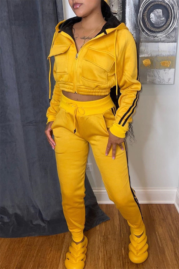 Yellow Casual Striped Patchwork Hooded Collar Long Sleeve Two Pieces