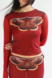 Red Casual Print Patchwork O Neck Long Sleeve Two Pieces