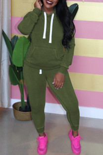 Army Green Casual Solid Patchwork Hooded Collar Plus Size Two Pieces