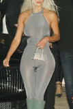 Grey Sexy Solid Patchwork Backless Halter Skinny Jumpsuits