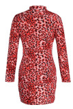 Leopard Print Sexy Print Patchwork Zipper Half A Turtleneck Long Sleeve Dresses