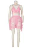 Pink Sexy Solid Tassel Patchwork Halter Sleeveless Two Pieces