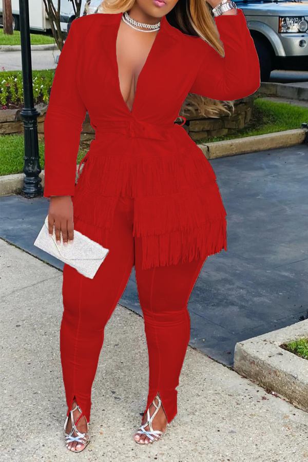 Red Street Solid Tassel Turndown Collar Long Sleeve Two Pieces