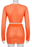 Orange Sexy Solid Mesh O Neck Long Sleeve Two Pieces