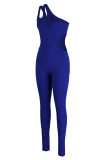 Royal Blue Sexy Casual Solid Hollowed Out Backless One Shoulder Skinny Jumpsuits