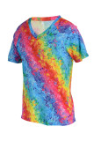 Colour Fashion Casual Print Patchwork V Neck T-Shirts