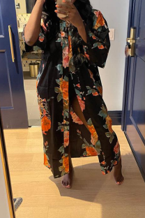 Black Casual Print Bandage Cardigan Collar Outerwear