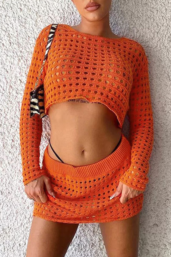 Orange Sexy Solid Mesh O Neck Long Sleeve Two Pieces