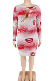 Red Sexy Print Hollowed Out Patchwork O Neck Pencil Skirt Dresses