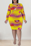 Yellow Sexy Print Hollowed Out Patchwork O Neck Pencil Skirt Dresses